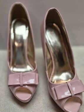 JustFab Blush Pink Patent Peep-Toe Bow Heels